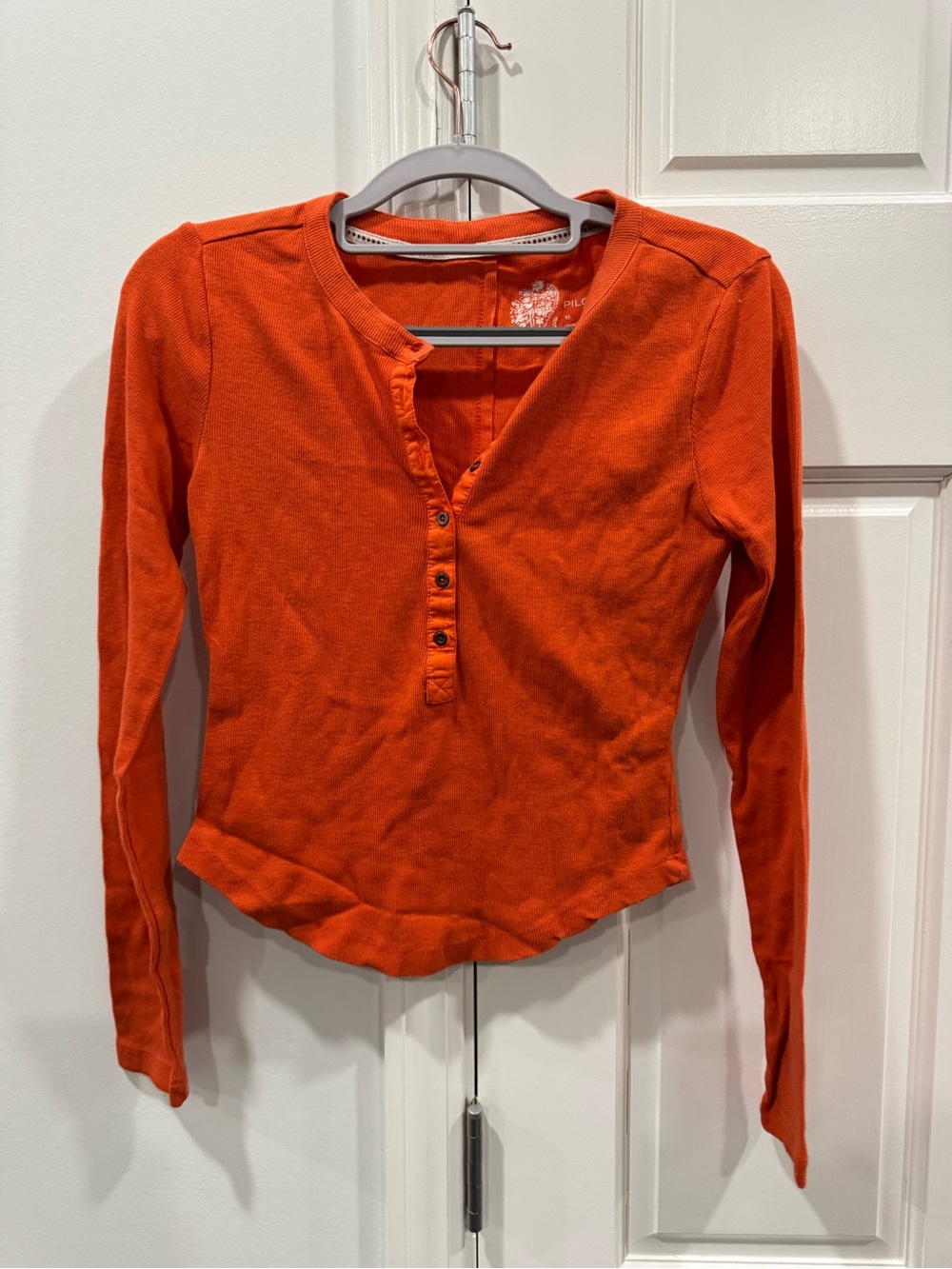 Pilcro Orange Slim Ribbed Henley Long-Sleeve Top